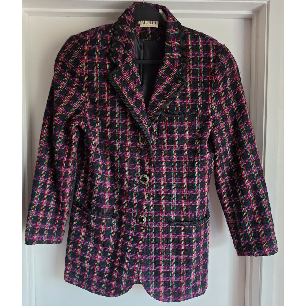 Mixit Blazer Women Size 7/8 Plaid Black Pink Vintage Jacket Suit Coat